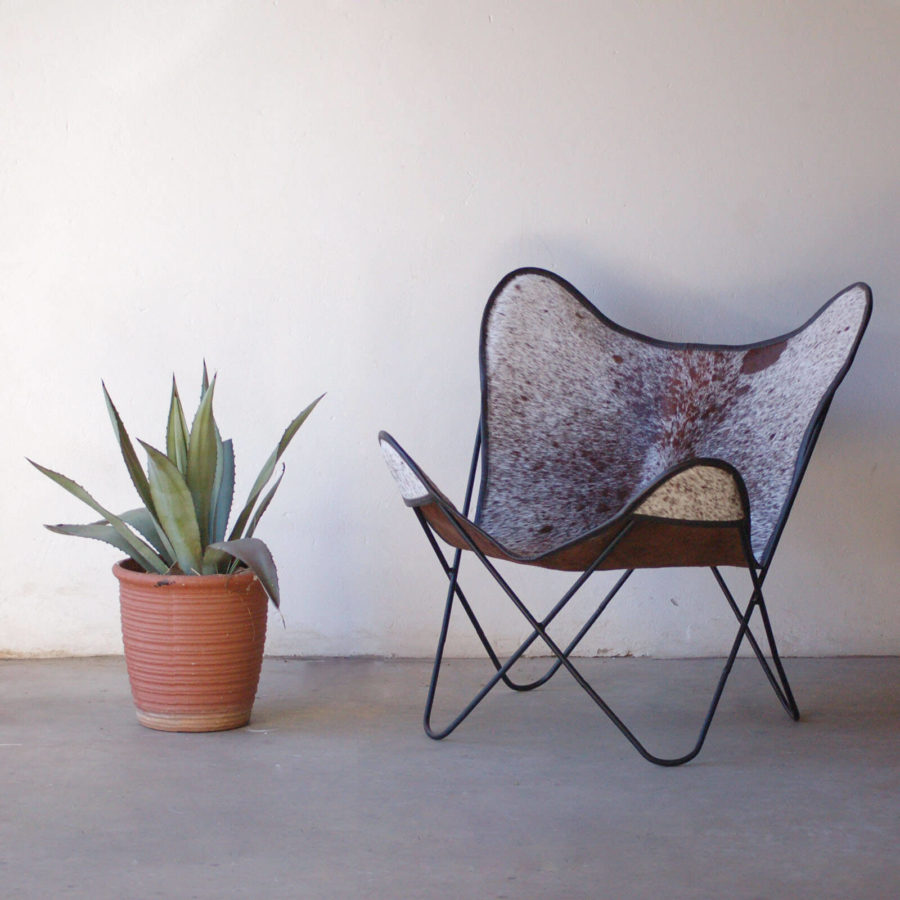 Brown and Black Heavily Speckled White Nguni Hide Butterfly Chair