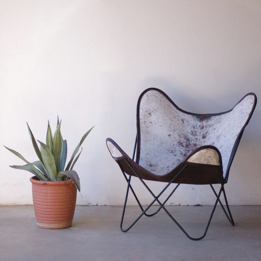 Brown and Black Lightly Speckled White Nguni Hide Butterfly Chair