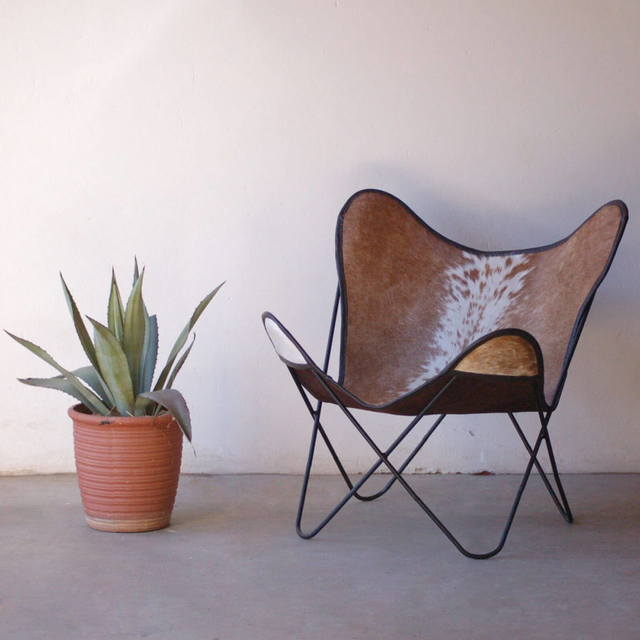 Light Brown Sides and White Center Nguni Hide Butterfly Chair