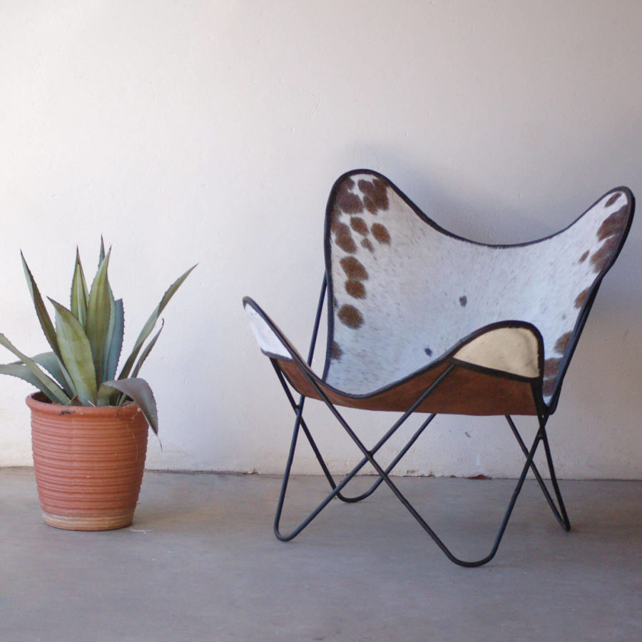 Medium Brown Spotted Sides with White Center Nguni Hide Butterfly Chair